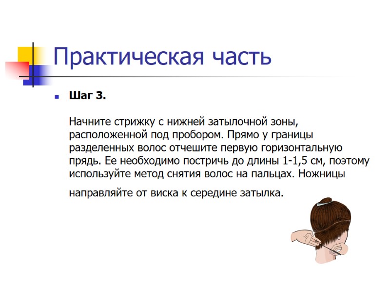 Практическая часть Шаг 3.  Начните стрижку с нижней затылочной зоны, расположенной под пробором.